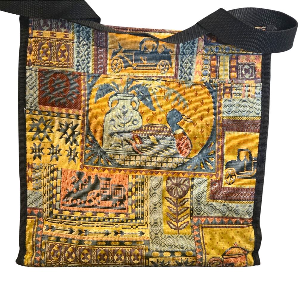 Vtg 90s Jade Tapestry Tote Bag Patchwork Equestrian Horse Mallard Duck Car Purse